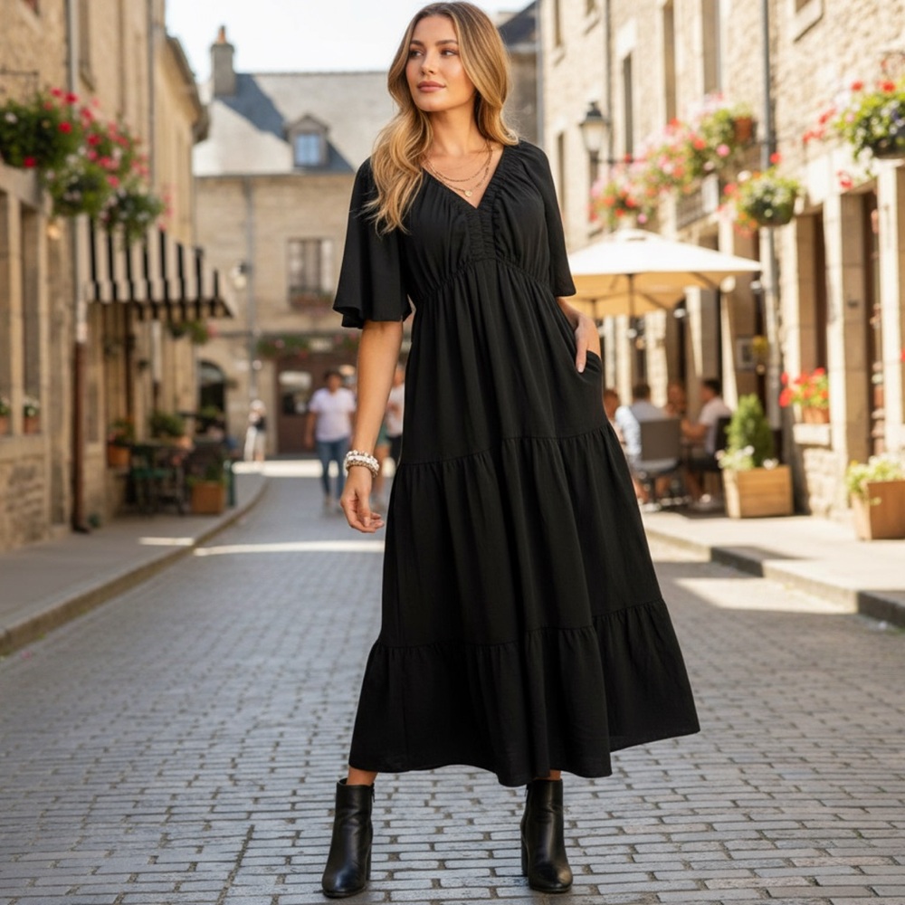 Haptics Tiered Babydoll Maxi Dress with Side Pockets sz med